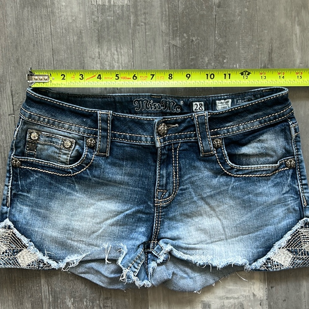 Miss Me Blue Denim Distressed Shorts with Snake Print Trim - Picture 3 of 13
